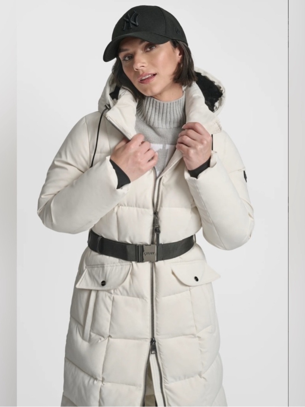 🌸 DKNY Cream Long Quilted Hooded Puffer Coat with Black Belt - Picture 7 of 9